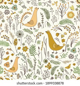  Floral seamless pattern with cute cartoon birds