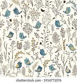  Floral seamless pattern with cute cartoon birds on white background