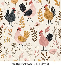  Floral seamless pattern with cute cartoon chickens  on white background