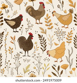  Floral seamless pattern with cute cartoon colorful chickens  on white background