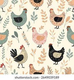 Floral seamless pattern with cute cartoon chickens  on white background