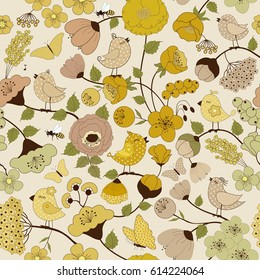 Floral seamless pattern with cute cartoon owls