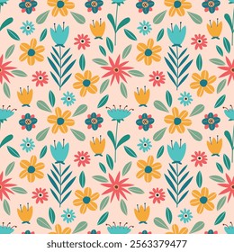 Floral seamless pattern. Cute colored flowers on a beige background. Vector illustration for fabric, background, March 8 card, cover, packaging, wrapping paper, wallpaper, bed linen