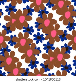 Floral Seamless Pattern. Cute Combination of Big and Small Flowers in Rustic Style. Simple Natural Texture for Calico, Chintz, Textile. Delicate Print for Dress or Linen.