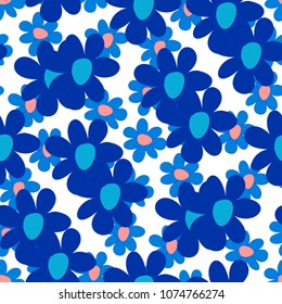 Floral Seamless Pattern. Cute Combination of Big and Small Flowers in Rustic Style. Simple Natural Texture for Calico, Chintz, Textile. Delicate Print for Dress or Linen.