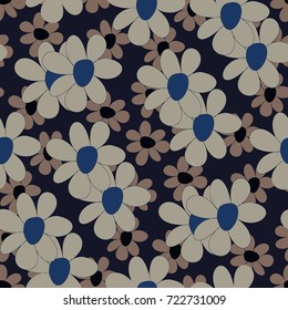 Floral Seamless Pattern. Cute Combination of Big and Small Flowers in Rustic Style. Simple Natural Texture for Calico, Chintz, Textile. Delicate Print for Dress or Linen.