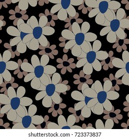Floral Seamless Pattern. Cute Combination of Big and Small Flowers in Rustic Style. Simple Natural Texture for Calico, Chintz, Textile. Delicate Print for Dress or Linen.