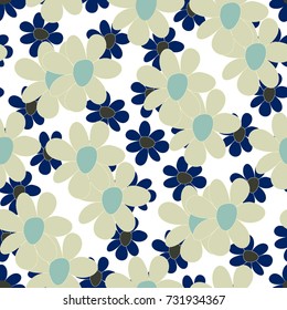 Floral Seamless Pattern. Cute Combination of Big and Small Flowers in Rustic Style. Simple Natural Texture for Calico, Chintz, Textile. Delicate Print for Dress or Linen.