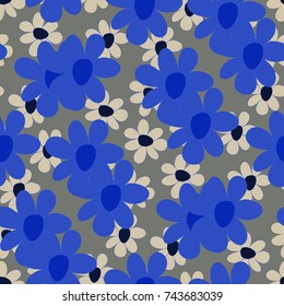 Floral Seamless Pattern. Cute Combination of Big and Small Flowers in Rustic Style. Simple Natural Texture for Calico, Chintz, Textile. Delicate Print for Dress or Linen.