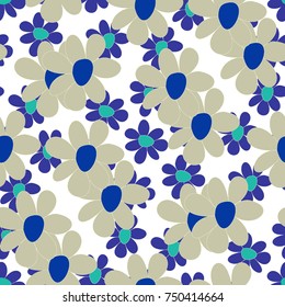 Floral Seamless Pattern. Cute Combination of Big and Small Flowers in Rustic Style. Simple Natural Texture for Calico, Chintz, Textile. Delicate Print for Dress or Linen.