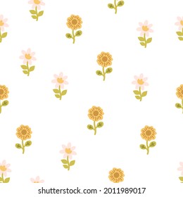 Floral seamless pattern with cute daisies and poppys flowers. Boho neutral kids design for clothes, nursery decor, paper, cover, fabrics and more