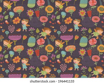 Floral seamless pattern with cute fairies 