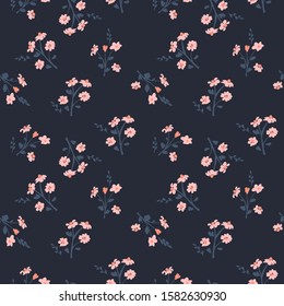 Floral seamless pattern with cute field flowers isolated on dark background. Elegant plant background. Vector botanic illustration. Design for wallpaper,textile,fabric,wrapping paper, print t shirt.