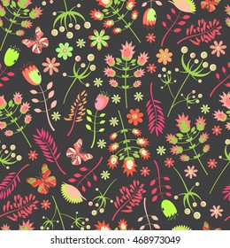 Floral seamless pattern. Cute flowers and leaves background.