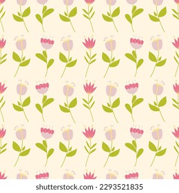 Floral seamless pattern with cute folk flowers. Stylish botanical print, can be used for fabric, textile or wallpaper, natural background with cute spring flowers. For Mother's Day, for Women's Day.