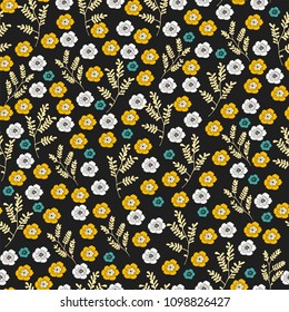 Floral seamless pattern. Cute hand drawn flowers on dark background. Small yellow and white flowers. Colorful vector illustration. 