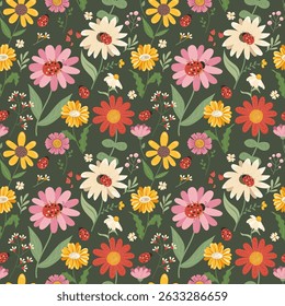 Floral seamless pattern with cute ladybugs and watercolor style flowers on dark green background. Vector cottagecore botanical repeat texture with pink daisies, gerberas, ladybirds and wild herbs for fabric.
