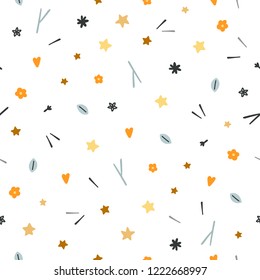 Floral seamless pattern. Cute leaves, plants, heart elements on white background