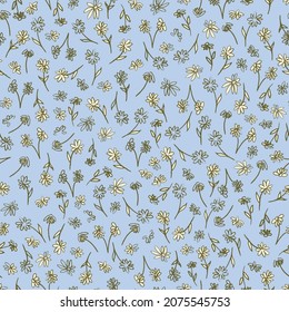 Floral seamless pattern. Cute little flowers, hand drawn botanical vector illustration. Print for fabric, paper, stationery and other surfaces