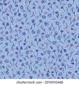 Floral seamless pattern. Cute little flowers, hand drawn botanical vector illustration. Print for fabric, paper, stationery and other surfaces