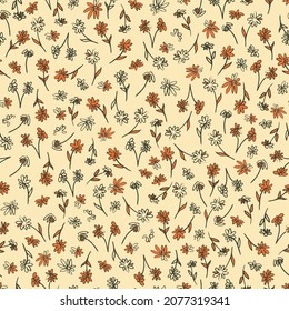 Floral seamless pattern. Cute little flowers, hand drawn botanical vector illustration. Print for fabric, paper, stationery and other surfaces