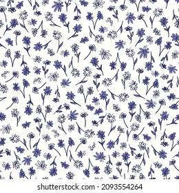 Floral seamless pattern. Cute little flowers, hand drawn botanical vector illustration. Print for fabric, paper, stationery and other surfaces