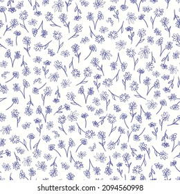 Floral seamless pattern. Cute little flowers, hand drawn botanical vector illustration. Print for fabric, paper, stationery and other surfaces