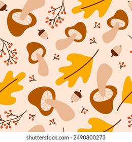 Floral seamless pattern with cute mushrooms, leaves and acorns on a beige background. Groovy retro vintage print in style 70s, 80s. Vector illustration