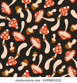 Floral seamless pattern with cute mushrooms on a black background. Groovy retro vintage print in style 70s, 80s. Vector illustration