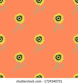 Patrón floral sin fisuras. Un adorno muy bonito con flores amarillas en el fondo naranja. Se puede usar para invitaciones, carteles, papel de envoltura, textiles, embalaje, libro de recortes, azulejos. Ilustración del vector