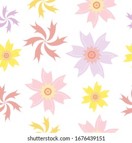 Floral seamless pattern from cute pastel color flowers on white background. Endless texture for textile, announcements, postcards, invitations, posters, banners, fabric, paper. Vector illustration.