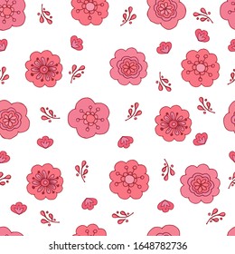 Floral seamless pattern from cute pink flowers with hearts. Background with red, pink floral elements endless texture for festive design, announcements, wrapping, posters.