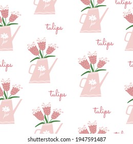 Floral sin costura con una tibia lata de agua rosa con flores. Colores pasteles. Se puede usar para papel tapiz, rellenos de patrones, fondo, texturas superficiales. Ilustración vectorial