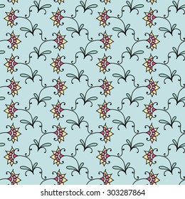 Floral seamless pattern, cute pink flowers on the blue background