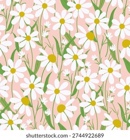 Floral seamless pattern. Cute print with daisy flowers and leaves on pink background. Chamomile meadow flowers. Hand drawn stylized vector illustration for textile, wallpaper, wrapping paper. 