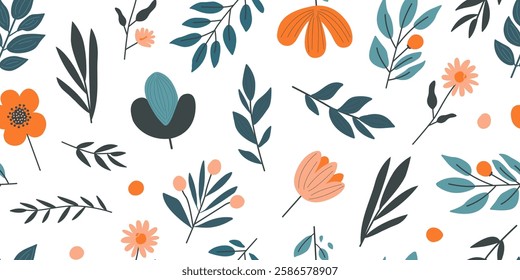 Floral seamless pattern, cute retro flowers, spring vintage background, summer doodle plant, repeat nature garden bg, romantic leaf and branch, flower. Naive ornament hand drawn. Vector illustration