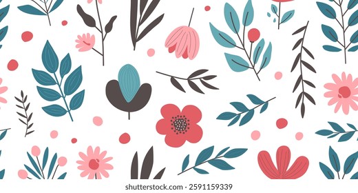 Floral seamless pattern, cute retro flower, spring vintage background, summer doodle plant, repeat nature garden, romantic leaf and branch, flowers bg. Naive ornament hand drawn. Vector illustration