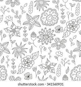 Floral seamless pattern. Cute romantic vector illustration. Flowers and herbs on white background. Adult coloring book.