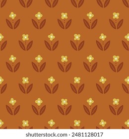 Nahtloses Blumenmuster mit niedlichen kleinen Blüten und Blättern auf braunem Hintergrund. Perfekt für Sommergrüße, Bildschirmhintergrund, Wickelpapier, Stoff. Vektorillustration