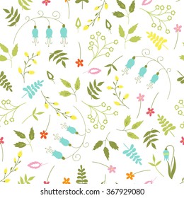 Floral seamless pattern. Cute spring vector background with flowers and leaves. For wallpaper, scrapbooking, fabric prints, greeting cards, party design, invitations, calendars, etc. 
