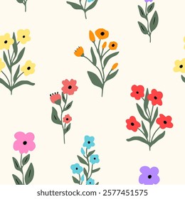 Floral seamless pattern. Cute summer background with flowers and leaves. Modern floral compositions. Fashion vector stock illustration for wallpaper, posters, card, fabric, textile
