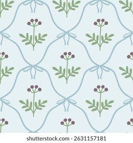 Floral seamless pattern with cute summer meadow flowers and flirty bows tied with net ribbons on a soft pastel background. Perfect for kids clothing, textiles, nursery, stationery, scrapbooking