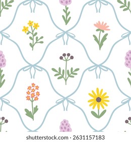 Floral seamless pattern with cute summer meadow flowers and flirty bows tied with net ribbons on a soft pastel background. Perfect for kids clothing, textiles, nursery, stationery, scrapbooking