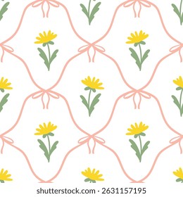 Floral seamless pattern with cute summer meadow flowers and flirty bows tied with net ribbons on a soft pastel background. Perfect for kids clothing, textiles, nursery, stationery, scrapbooking