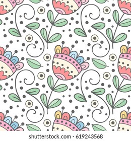 Floral seamless pattern. Cute vector flower print. Hand drawn outline illustration. Rainbow colored flowers.