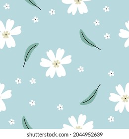 Floral seamless pattern with cute white flowers on blue background