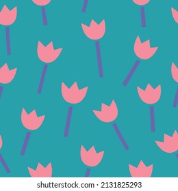 Floral seamless pattern with cutout tulips on turquoise background. Perfect for spring and summer greeting cards, textile, texture. Scandinavian style