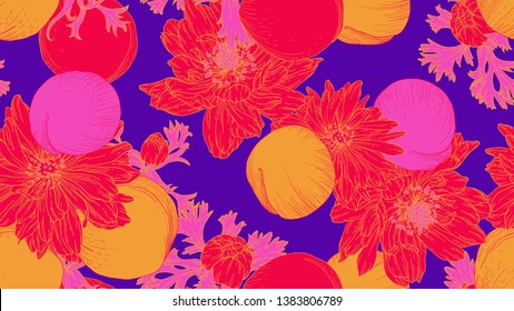 Floral seamless pattern, daffodil, anemone flowers and peach in red, yellow and pink line art ink drawing on purple