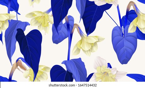 Floral seamless pattern, daffodil flowers with leaves in blue and yellow on light grey