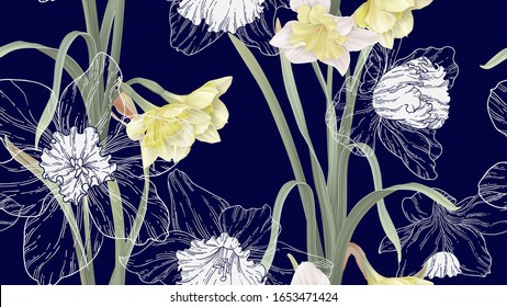 Floral seamless pattern, daffodil flowers with leaves on dark blue